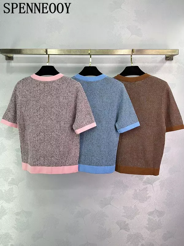 Модные дизайнерские винтажные повседневные пуловеры в помещении для весны и лета, женские свободные вязаные топы с круглым вырезом и коротким рукавом