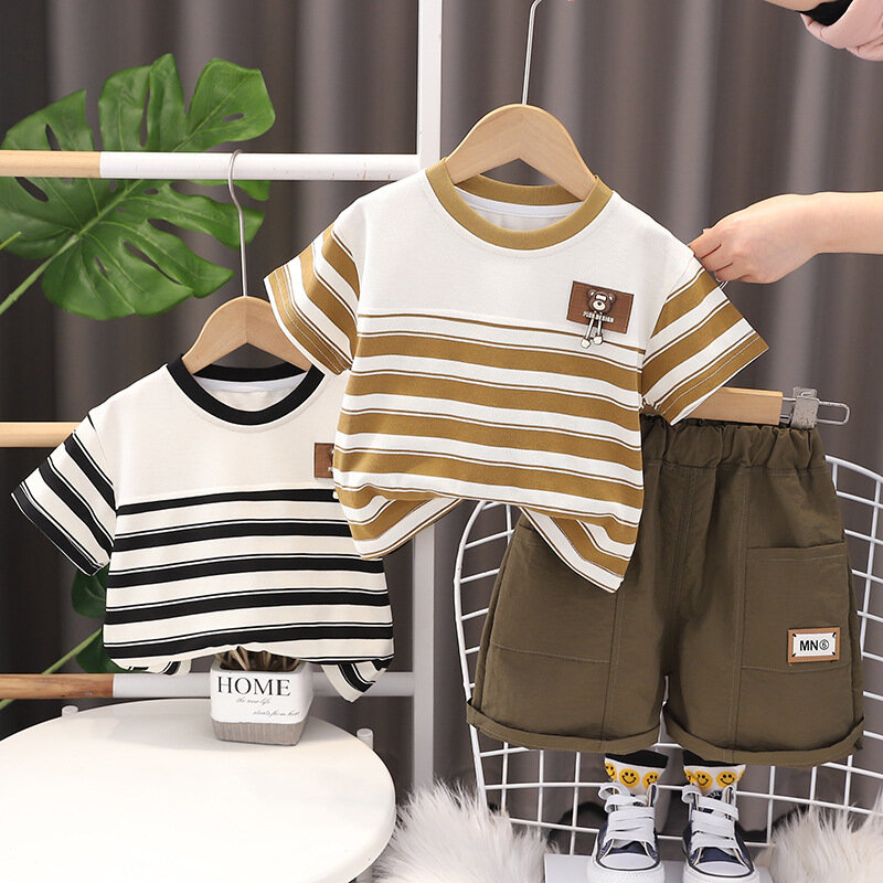 Summer summer new baby cute baby treasure stripes stereoscopic bear head shorts set boys short sleeve suit