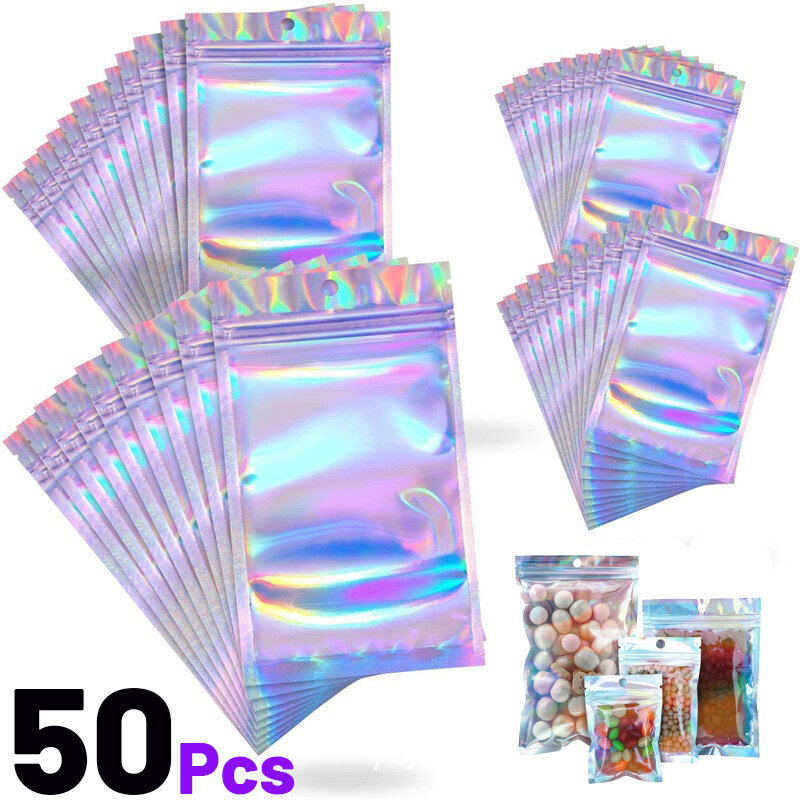 Bolsas pequeñas de plástico con autosellado para joyería, 50 piezas, con ventana de visualización transparente, embalaje de joyería, bolsa de almacenamiento de regalo