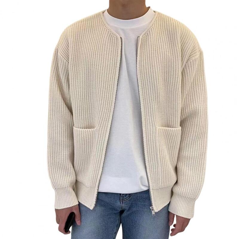 Men Coat Long Sleeves Solid Color Zipper Closure Pockets Thick Keep Warm Cardigan Loose Zip Up Autumn Sweater Coat for Daily