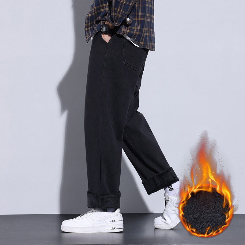 Young Men's Winter Jeans Fashion Loose Fleece Warm Denim Trousers Black Baggy Casual Pants Brand Men's Daily  Trousers