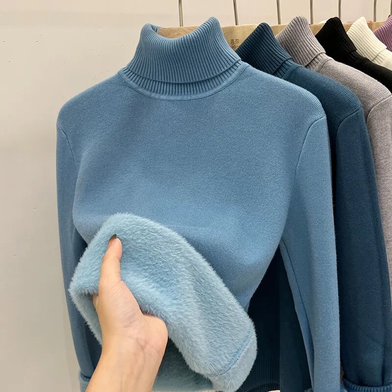 Thicken Velvet Turtleneck Sweater Women Korean Fashion Lined Warm Sueter Knitted Pullover Slim Top Winter Jersey Knitwear Jumper