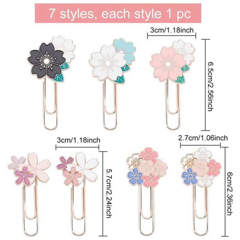 Cherry Blossom Paper Clips, bonito e colorido, Sakura Paperclip Planner Acessórios, Material de escritório, Estudantes Marcação, 7PCs