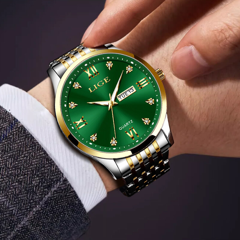 LIGETop-Montre à quartz étanche pour homme, bracelet en acier inoxydable, horloge de semaines Shoes, marque de luxe, date