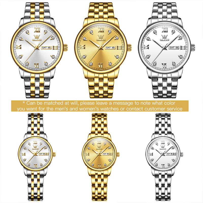 OLEVS jam tangan pasangan, arloji bisnis Quartz mewah Stainless Steel, tahan air bercahaya kalender minggu