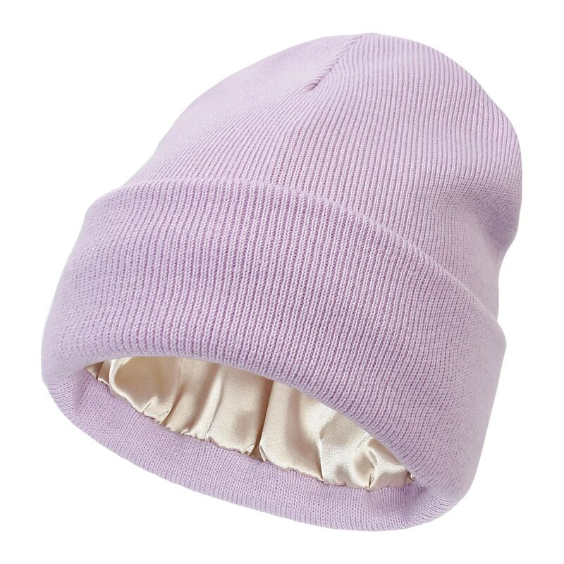 Topi Musim Dingin untuk Wanita Topi Beanie Berlapis Satin Sutra Topi Chunky Topi Skullies Topi Wanita Mode Hangat Topi Balaclava Pria Wanita