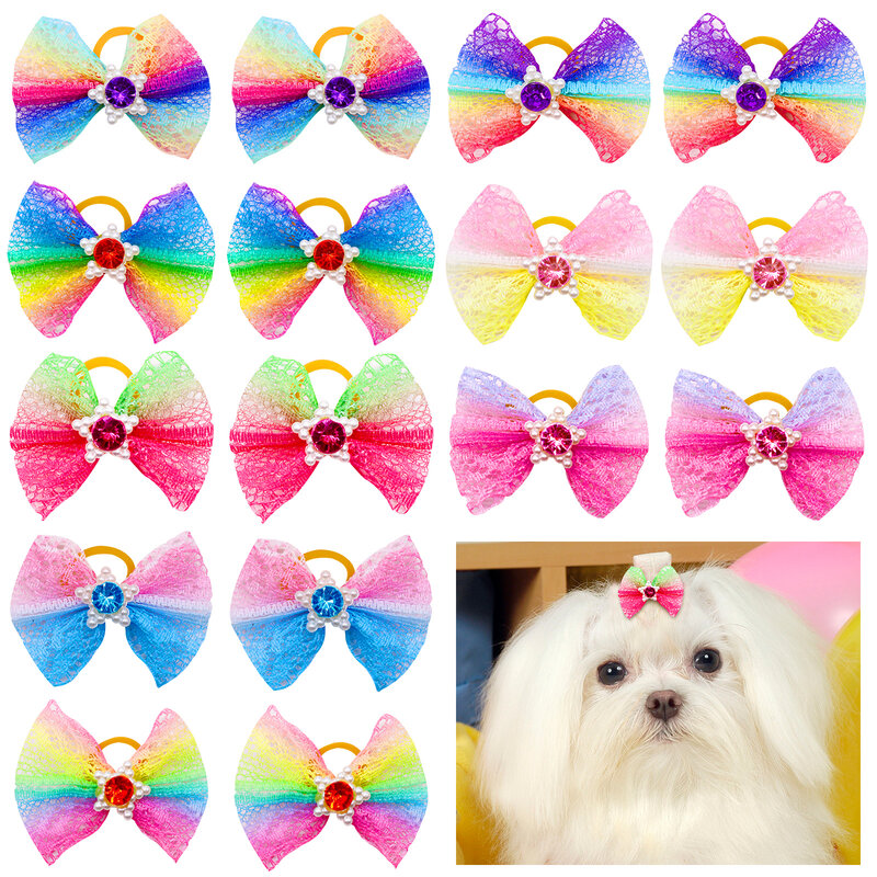 20pcs Ranbow Style Pet Dog Hair Bows with Diomand Pearl Colorful Grooming Dog Bowknot Gift for Small Dog Cat Dog Accessories
