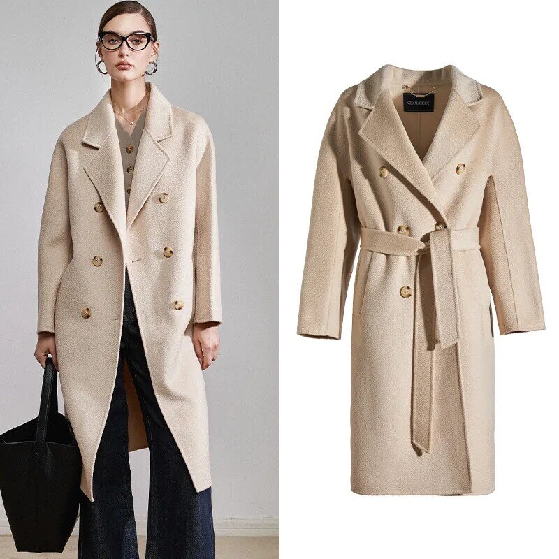 Corrugated Double-sided Top Quality Woolen Cashmere Coat Women's 2023 Winter Tie-up Slim Temperament Coat Mid-length Clothes