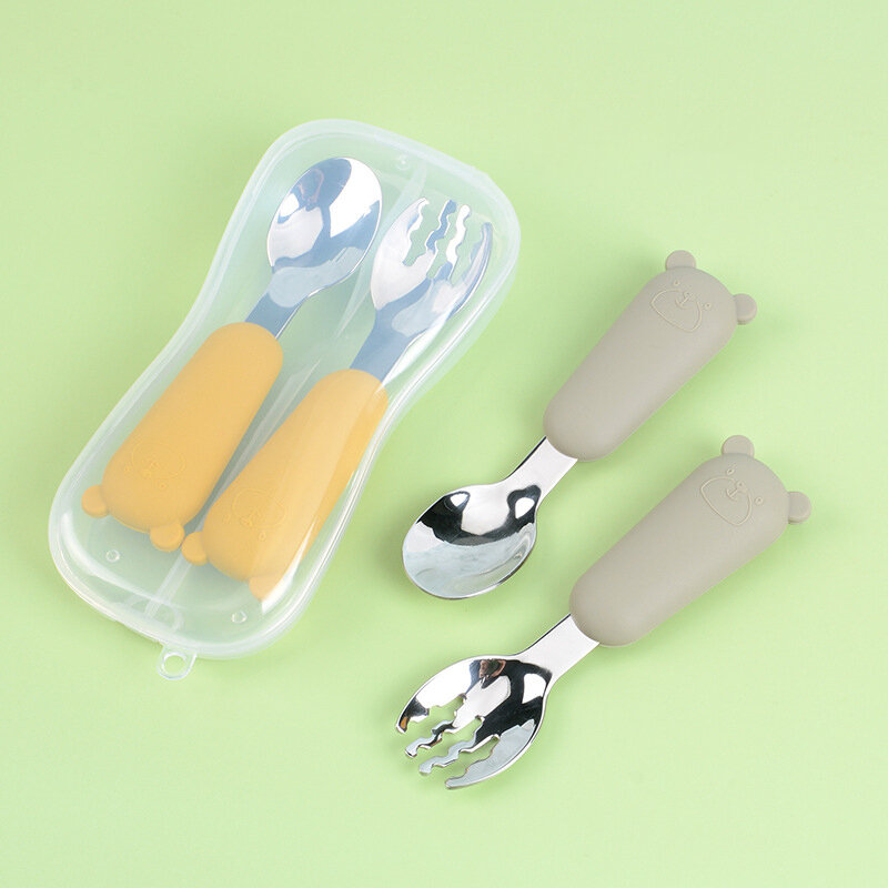 Aço inoxidável colher de bebê garfo talheres conjunto colher de silicone para crianças infantil criança alimentação de alimentos conjunto de jantar