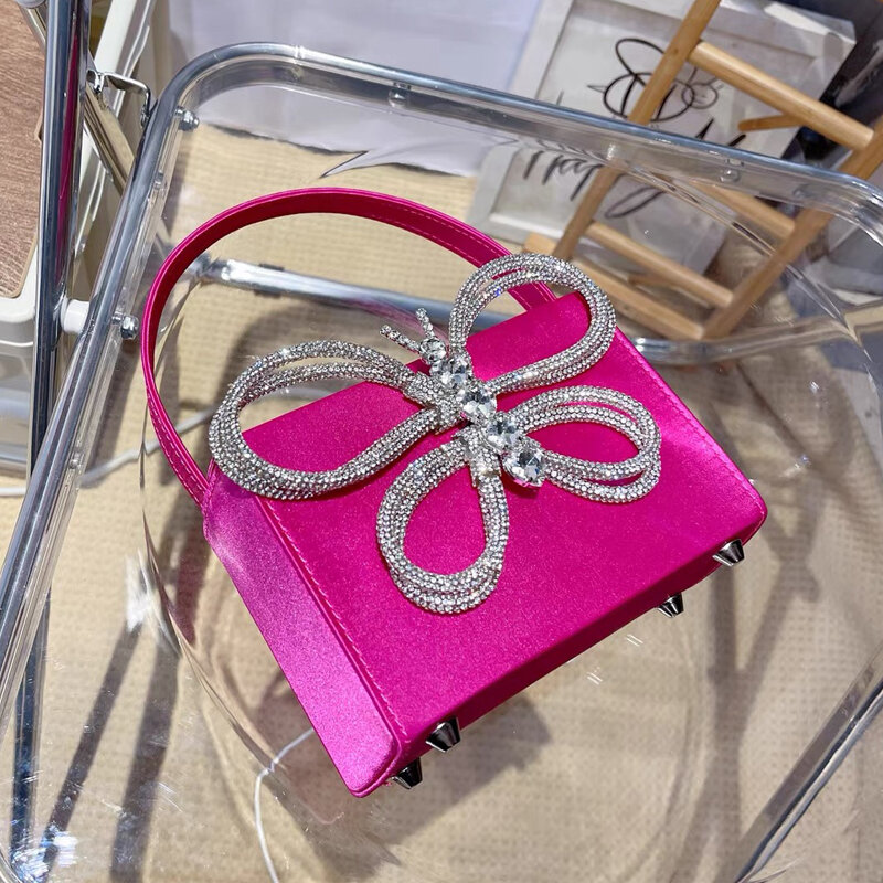 Mini Box Bags For Women Luxury Designer Handbag 2023 New In Satin Material Bowknot Inlaid Imitation Diamond Evening Twist Bag