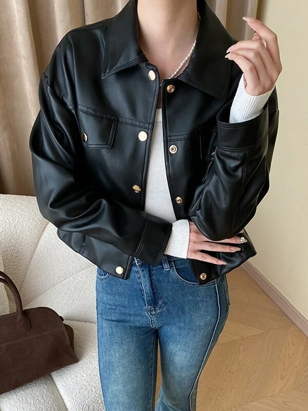 Black Big Size Loose Fit PU Short Leather Jacket New Lapel Long Sleeve Women Coat Fashion Tide Spring Autumn  O699