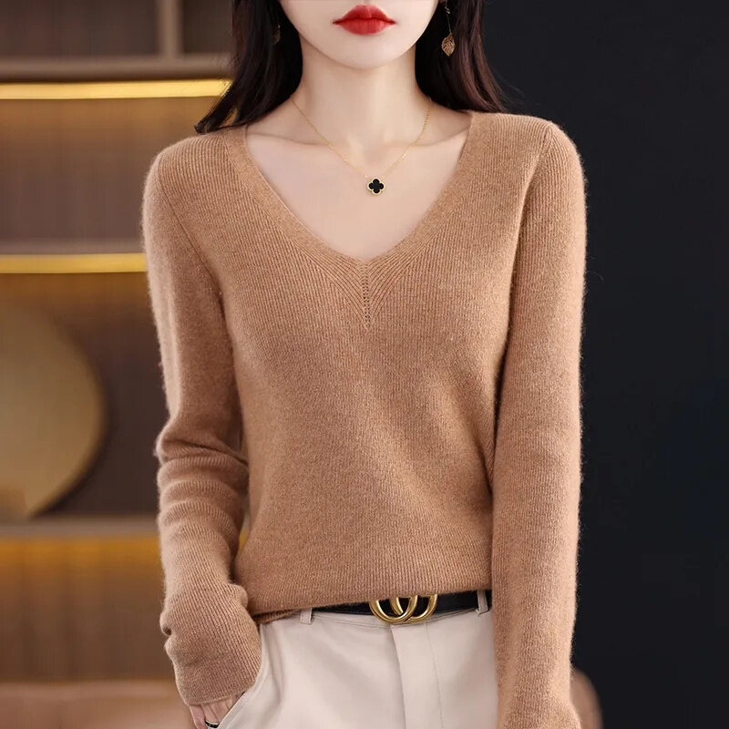 Camisola feminina de manga comprida com decote em v, camisa justa, pulôveres da moda coreana, tops finos de malha, camisas de assentamento, 2023