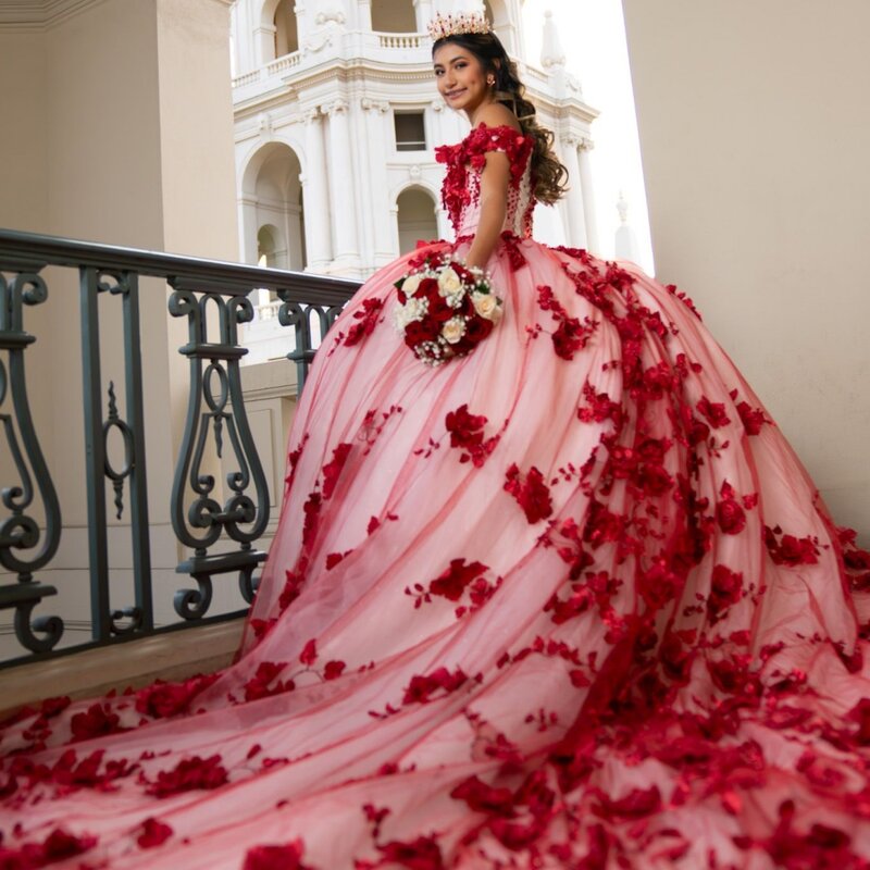 Red Appliques 3D Flower Quinceanrra Prom Dresses Glitter Sequins Pearls Princess Long Charming Graceful Sweet 16 Dress Vestidos