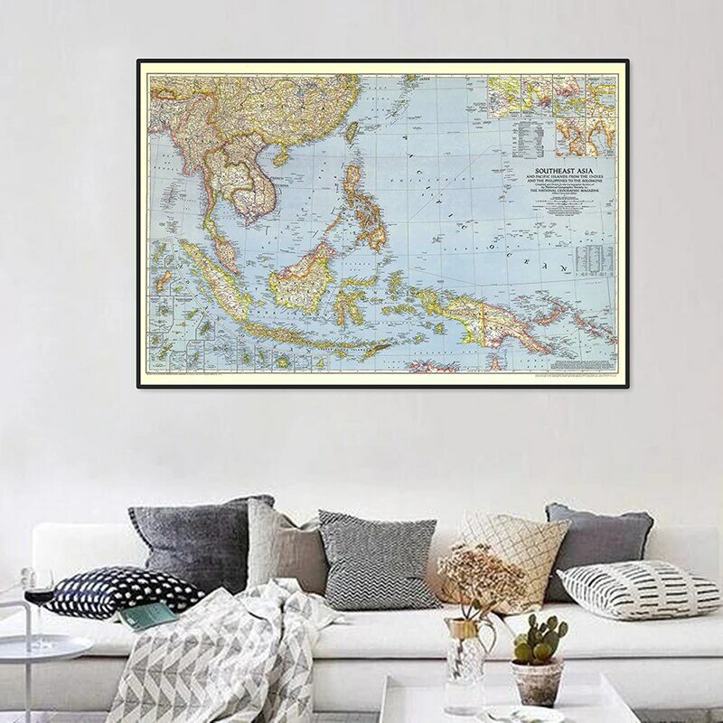 Mapa Horizontal del mundo del sudeste asiático, póster detallado del mundo, carta de pared, papel Kraft, decoración del hogar y la Oficina, 90x60cm, 1944