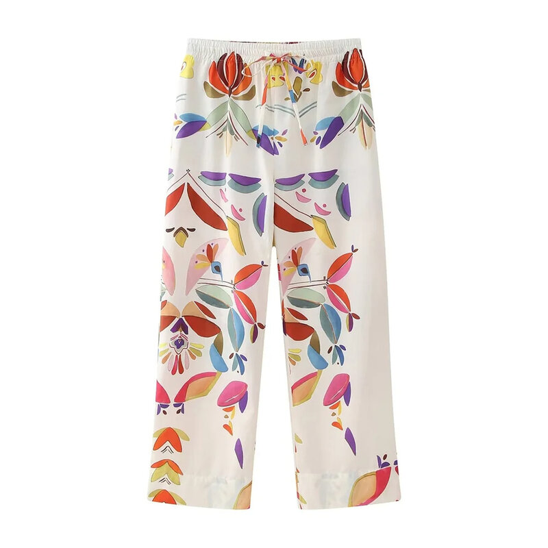 Conjunto de pijamas de cetim feminino, camisa estampada de mangas compridas, calça de cintura alta, pijamas lounge, nova moda, 2 peças