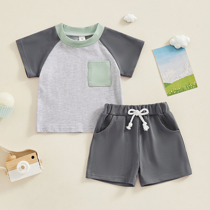 Toddler Baby Boy Outfit Color Block Short Sleeve T-shirt Solid Color Drawstring Shorts 2Pcs Summer Clothes