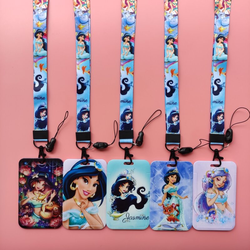 Disney-portatarjetas de identificación de princesa Jasmine, cordones de dibujos animados, funda de tarjeta de Aladin, portatarjetas de identificación, Clip retráctil de negocios