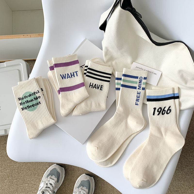 Calcetines de algodón de tubo medio para mujer, medias de rayas con estampado de letras, calcetines largos transpirables para ocio deportivo, blanco