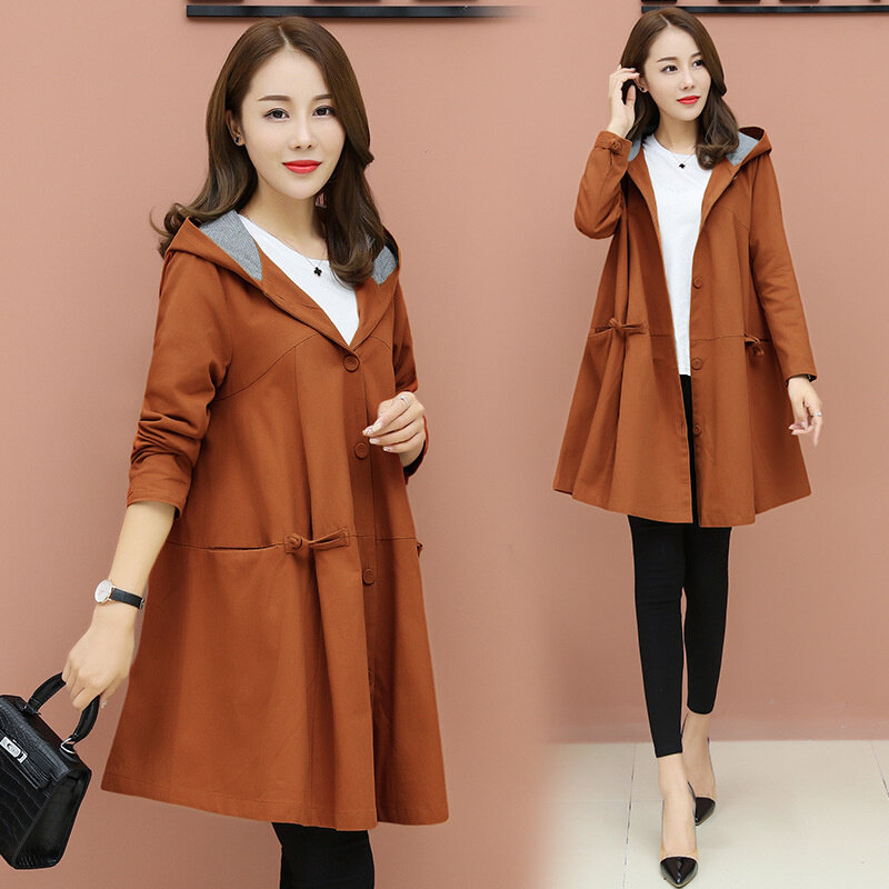A-Line Shape Hooded Trench Coat Women Spring Autumn Single-Breasted Loose Windbreaker Middle-Aged Female Overcoat Casual Tops