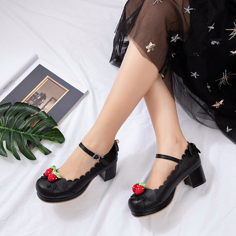 Women Platform Pumps Girls Mary Jane Lolita Shoes Strawberry Bow High Heels Princess Japan Cosplay Wedding Party Shoes 30-43
