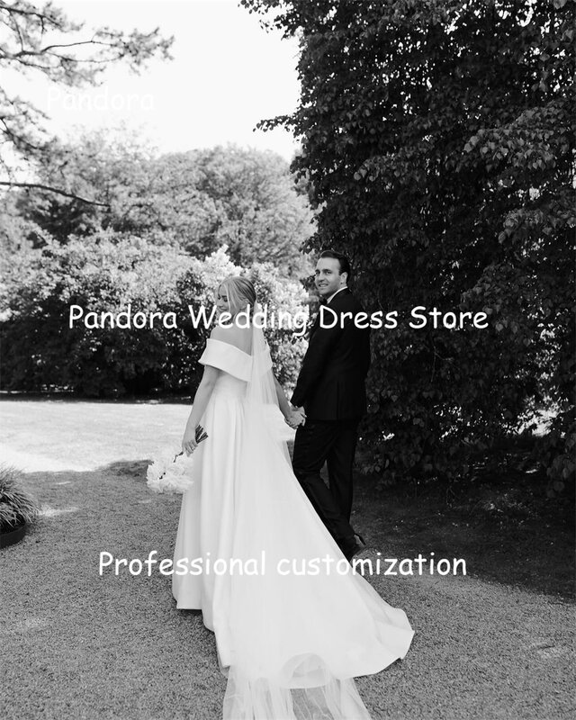 Gaun pengantin gading bahu terbuka lipatan A-line Satin Pandora gaun pernikahan Formal elegan panjang lantai untuk 2024 wanita