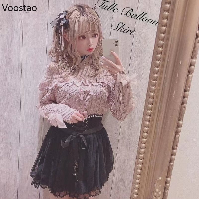 Estilo Lolita doce Vintage feminino de malha pulôver, laço de ombro feminino, babados arco camisola, malhas Harajuku, tops de outono