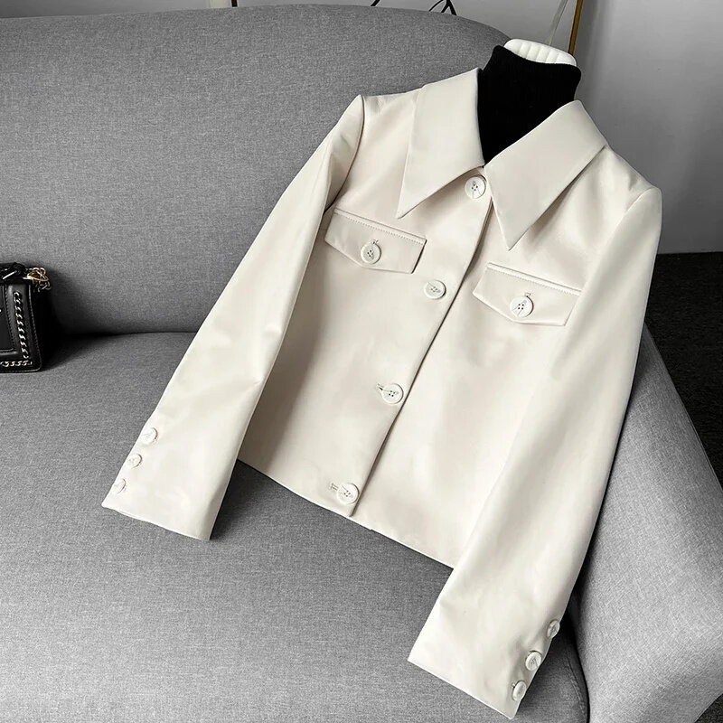 2024 Spring Autumn New Genuine Leather Coat Women Outwear White Slim Sheepskin Suit Ladies Clothes Female Clothing