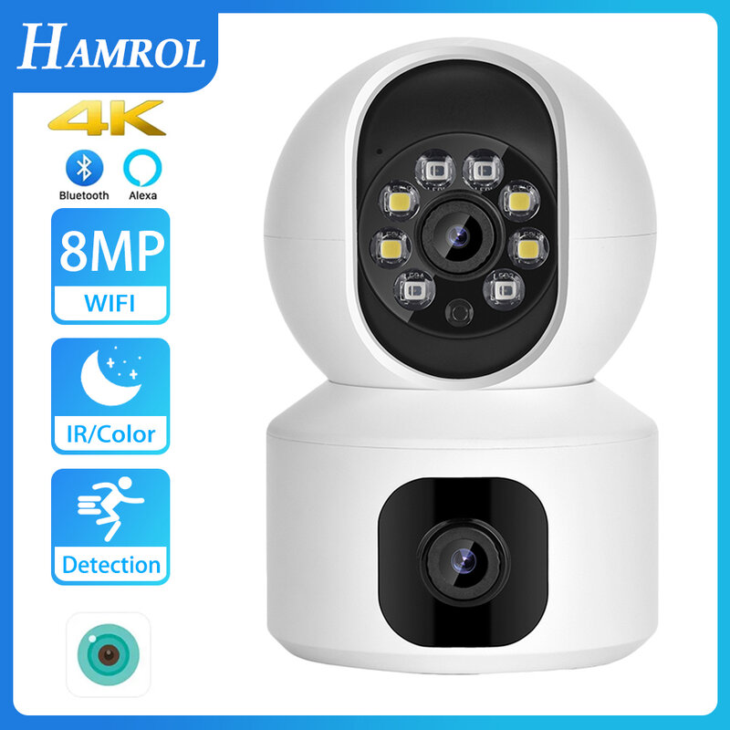 HAMROL 4K 8MP podwójny obiektyw kamera WiFi automatyczne śledzenie i wykrywanie ludzi na zewnątrz kryty 4MP domowy niania elektroniczna Baby Monitor wideo CCTV