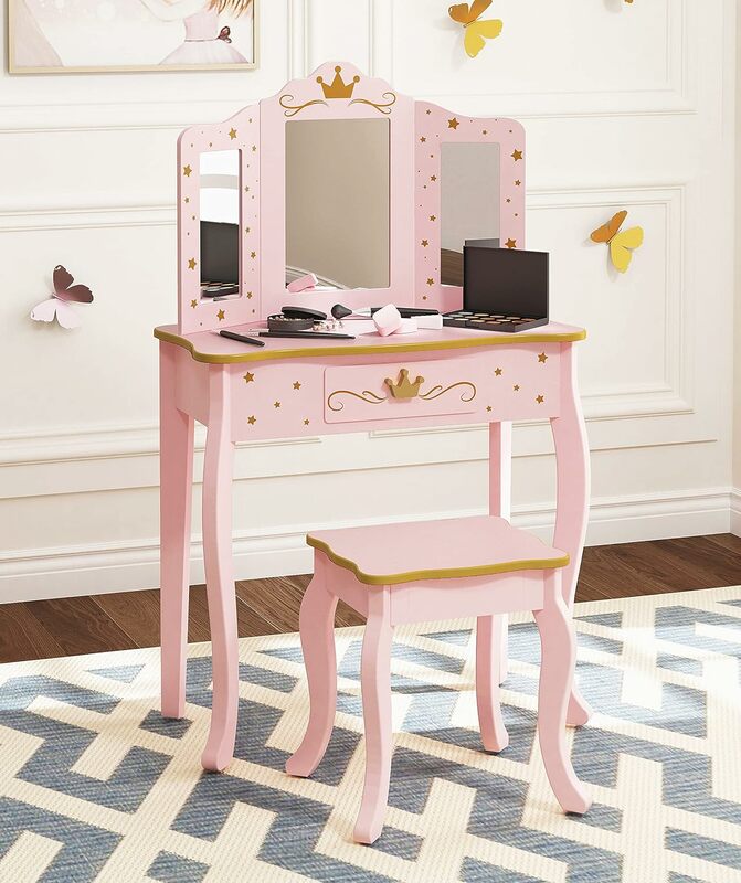 小さな女の子のための鏡とスツール付きの洗面化粧台セット、子供のための美容テーブル