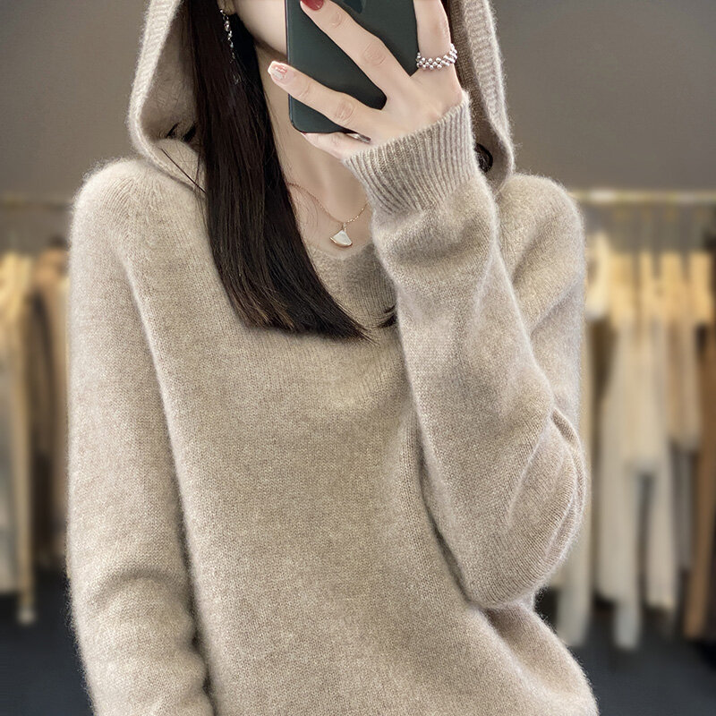 Nahtloser Kapuzen pullover für Damen Herbst Winter neue gestrickte Loose Fit Kapuze V-Ausschnitt High-End-Outwear Mode koreanische Ausgabe
