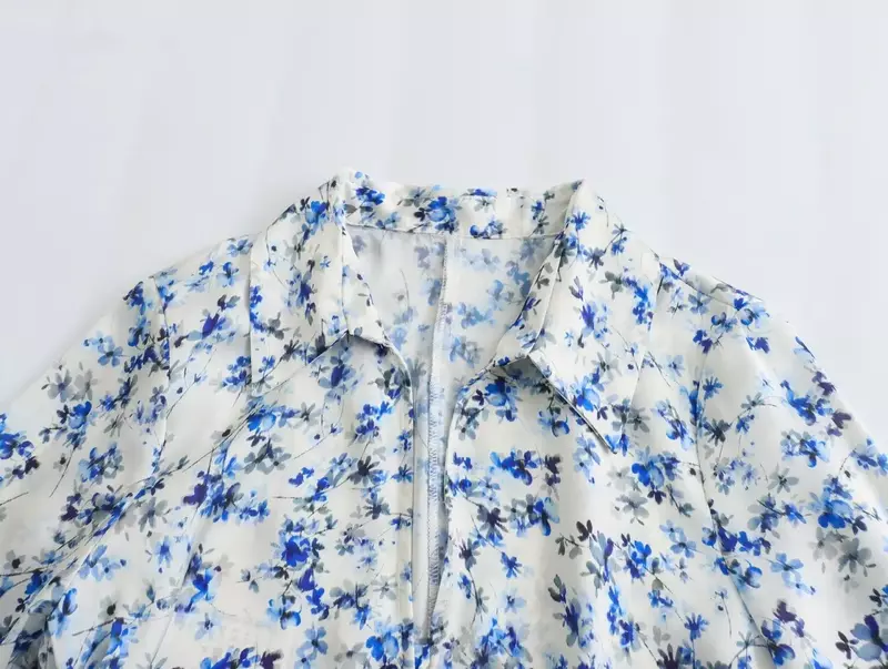 Vrouwen Nieuwe Mode Bloemenprint Decoratie Cropped Slanke Satijnen Blouses Vintage Lange Mouw Knoop-Up Dames Shirts Chique Tops