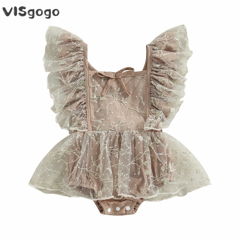 VISgogo-Pelele sin mangas para niñas pequeñas, vestido con bordado de flores, malla empalmada, volantes, Espalda descubierta, monos
