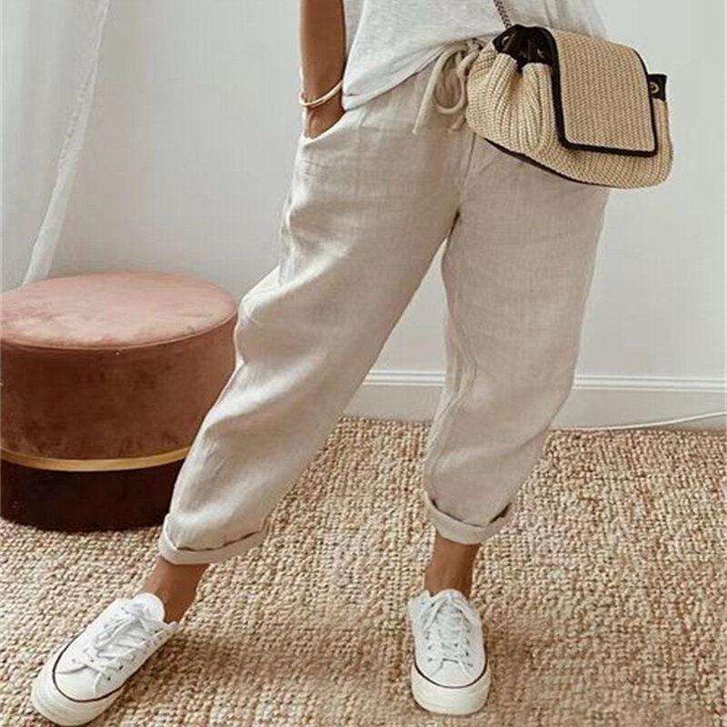 Donna estate primavera Midi Cotton Line Ruffles Vintage Big Large Plus size Casual Party Fashion allentato Strip Pocket Pant