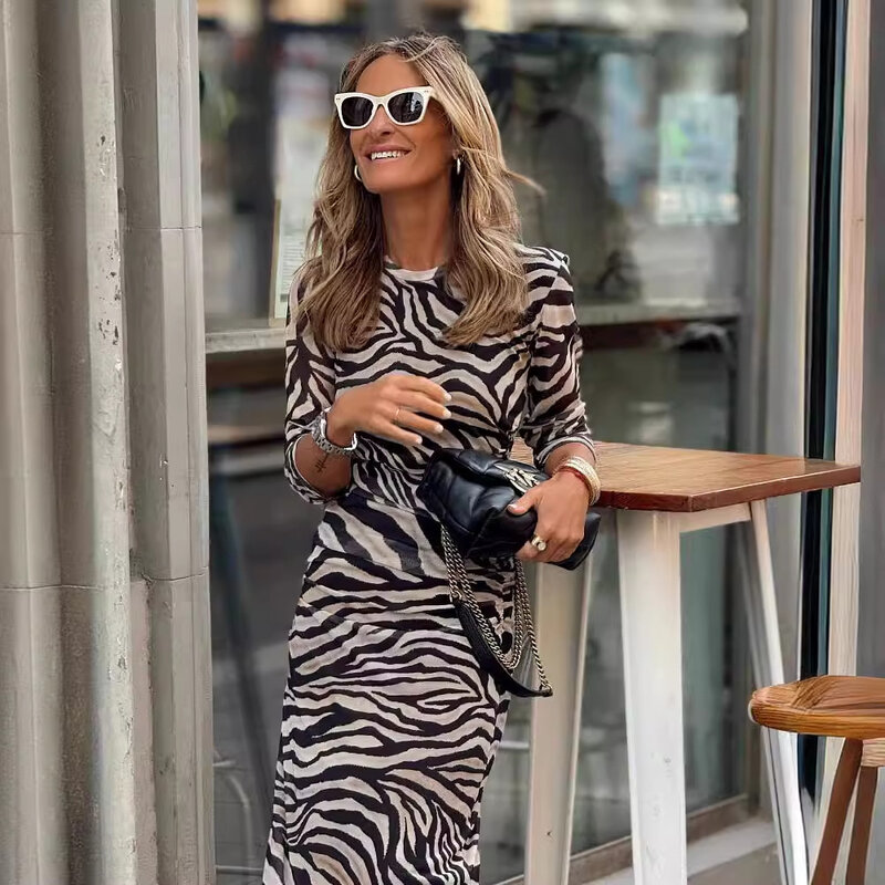 Grenz überschreitende unabhängige Station Sommer neue Mode Zebra druck Spiegel Samt elastische Slim Fit Kleid für Frauen