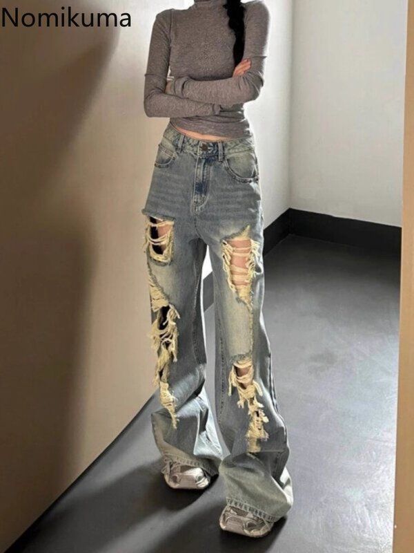 Jeans Harajuku rasgado feminino, vintage, cintura alta, reta, calça de perna larga, casual, streetwear, moda feminina, verão