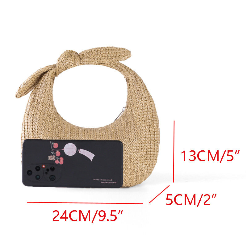 Cute Bow Handle Straw Bag Casual Half Moon Women Handbags Paper Weave Summer Beach Small Female Purses for Vacation 2024