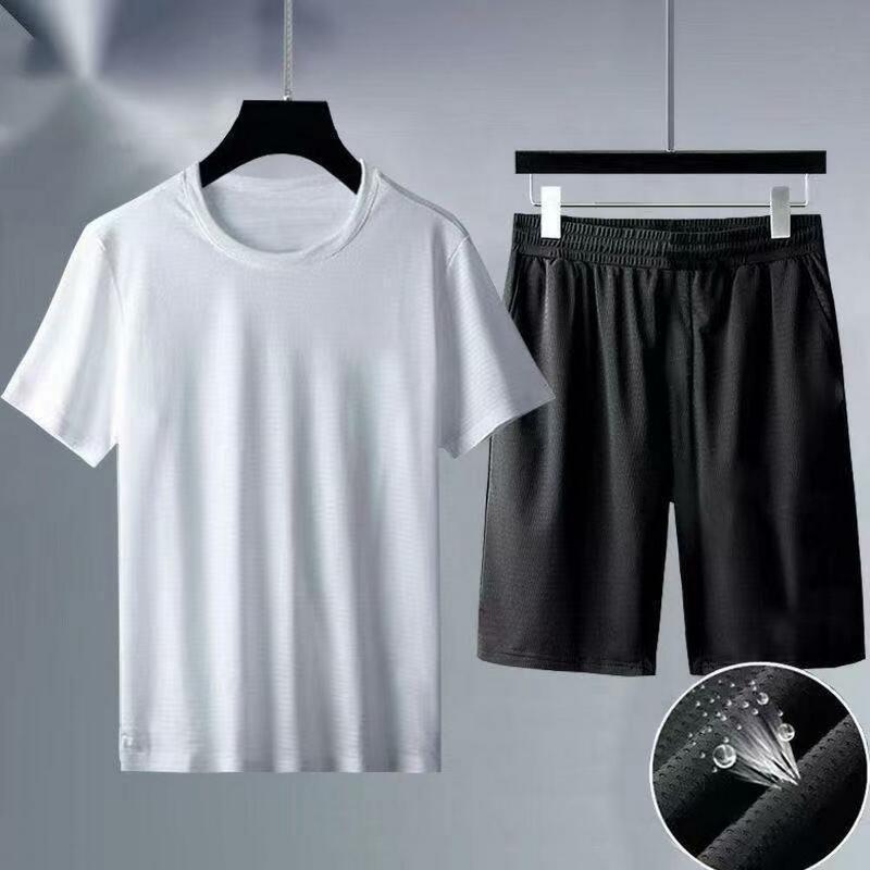 T-shirt Shorts Set Men's Casual O-neck T-shirt Wide Leg Shorts Set in Solid Color Ice Silk Loose Fit Sportswear for Summer