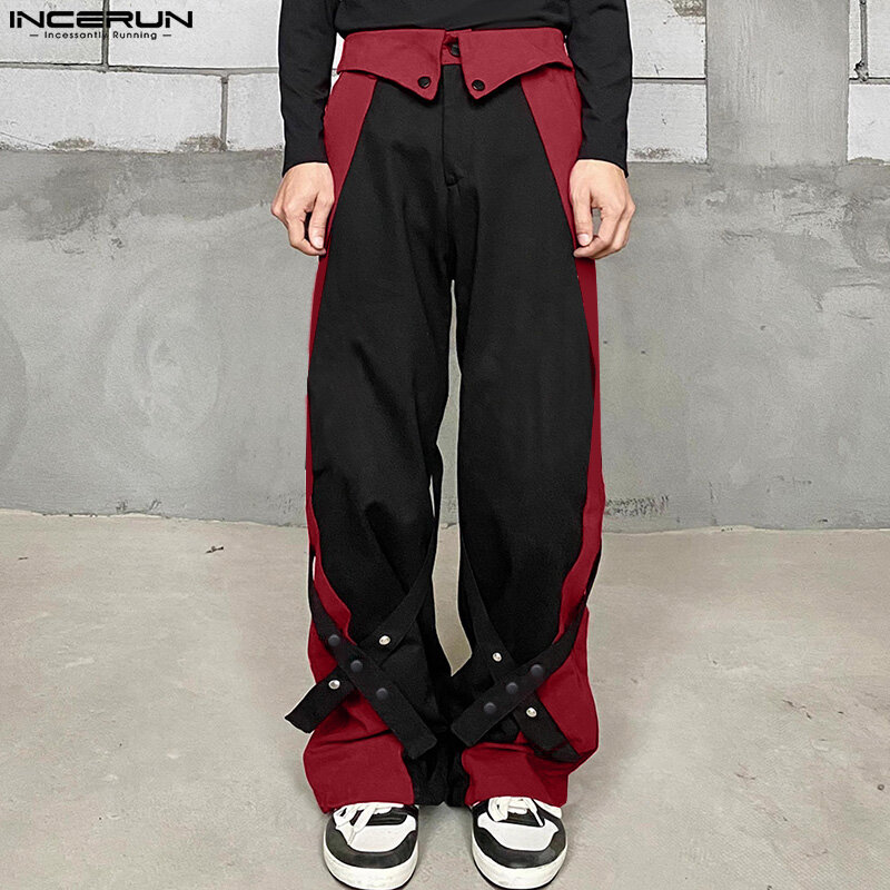 INCERUN 2024 мужские брюки в Корейском стиле, лоскутные брюки с перекрестным дизайном, Повседневная Уличная одежда, длинные брюки контрастного цвета