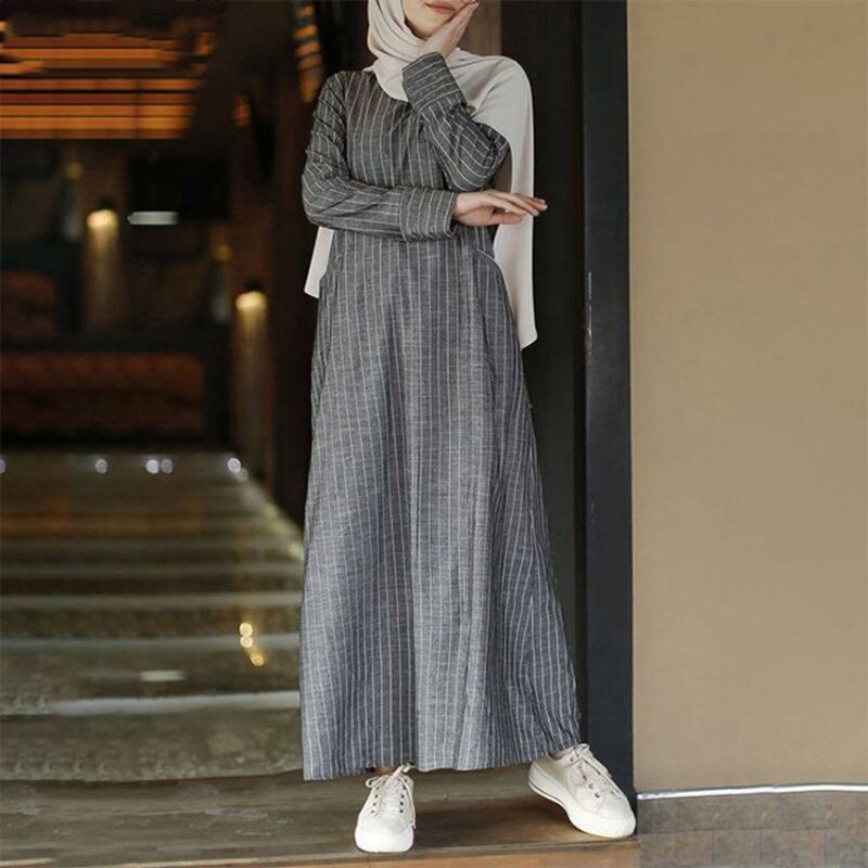 New Womens Ladies Muslim Abaya Long Sleeve Stripe Loose Casual Long Maxi Shirt Dress Kaftan