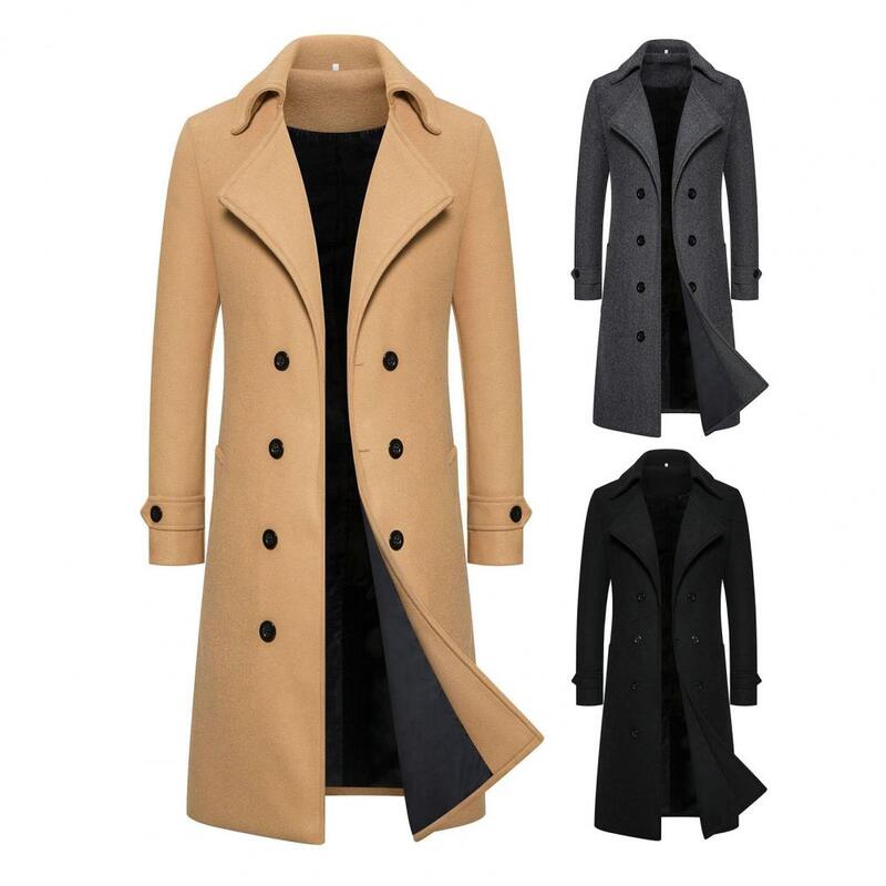 メンズミドル丈ダブルブレスト防風コート、厚手のオーバーコート、スリムフィット、長袖カーディガン、秋用ラペル
