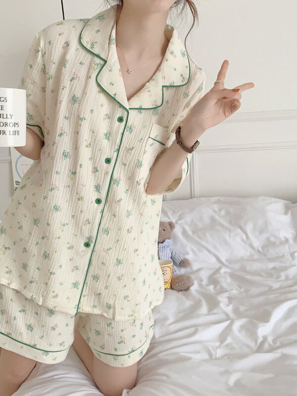 Pyjama Sets Vrouwen Mode Eenvoudig Ontwerp Vrijetijdskleding Tedere Losse Studenten Dagelijks Zoete Turn-Down Kraag Koreaanse Stijl Zomer