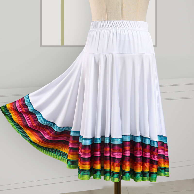 Юбка в этническом стиле для танцев, радужная эластичная юбка-качели, одежда для современных танцев, бальных танцев, площадей, выступлений