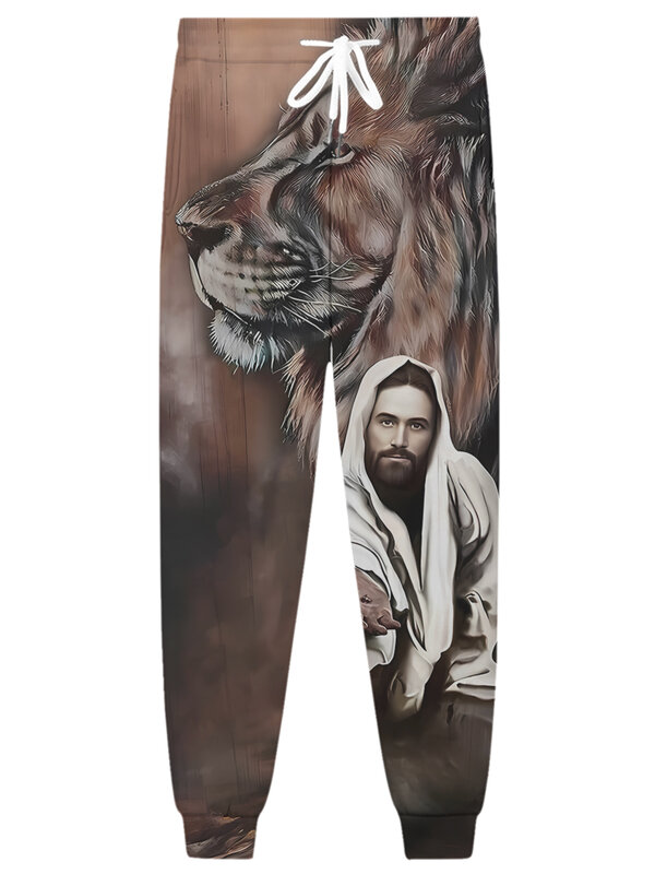 God Jesus CELANA Jogger sosial pria, celana panjang longgar Vintage motif singa Hawaii 3d, celana olahraga lari Hip Hop kasual Harajuku untuk pria