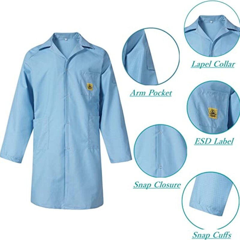 Abrigo de laboratorio ESD con cuello de solapa, 3 bolsillos y puños a presión, chaqueta antiestática hasta la rodilla