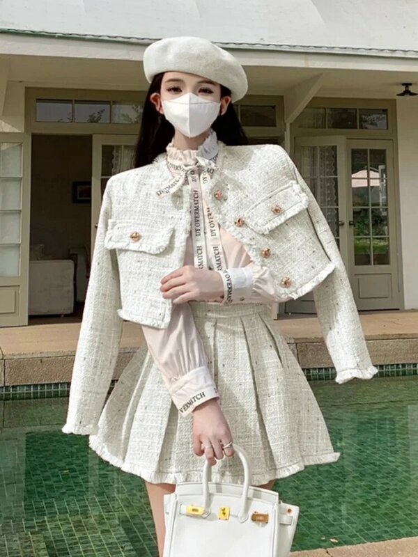 Hoge Kwaliteit Mode Kwast Ontwerp Kleine Geur 2 Delige Sets Vrouwen Outfit Lange Mouw Korte Jas + Geplooide Rok Pakken