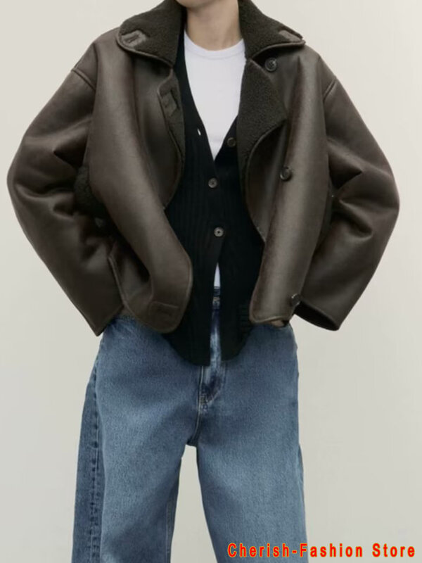 Модная женская куртка, утепленная теплая меховая куртка из искусственной кожи, винтажное Свободное пальто на молнии, Осень-зима, женская уличная брендовая куртка