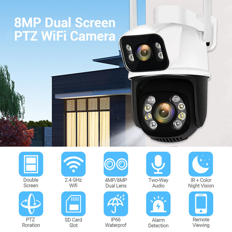 Câmera IP Outdoor Dual Lens com Wi-Fi, Câmeras de Vigilância, Detecção Humana, Tela Dupla, 4K PTZ, ICSEE, 8MP, 6MP