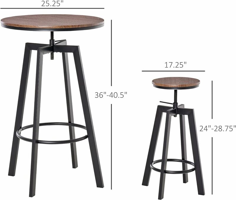 3 Piece Industrial Adjustable Bar Table Set, Bar Height Bistro Table and Swivel Pub Stools for Small Space