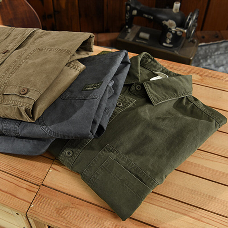 Camisa masculina espessa de mangas compridas, 100% algodão, camisa utilitária, roupa de trabalho de alta qualidade, tendência retrô americana, jaqueta de marca, casaco