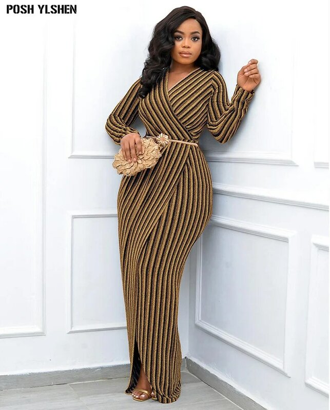Filigree gaun bergaris Afrika untuk wanita 2024 gaun Bodycon panjang elegan baru pakaian wanita Afrika jubah belahan tinggi kerah v seksi